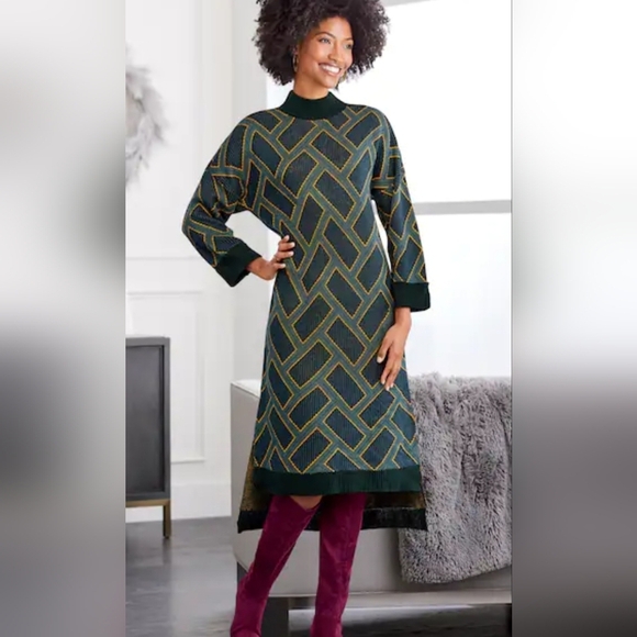 Ashro midi Mock Neck Geometric Long Sleeve Knit green sweater dress - Picture 1 of 9